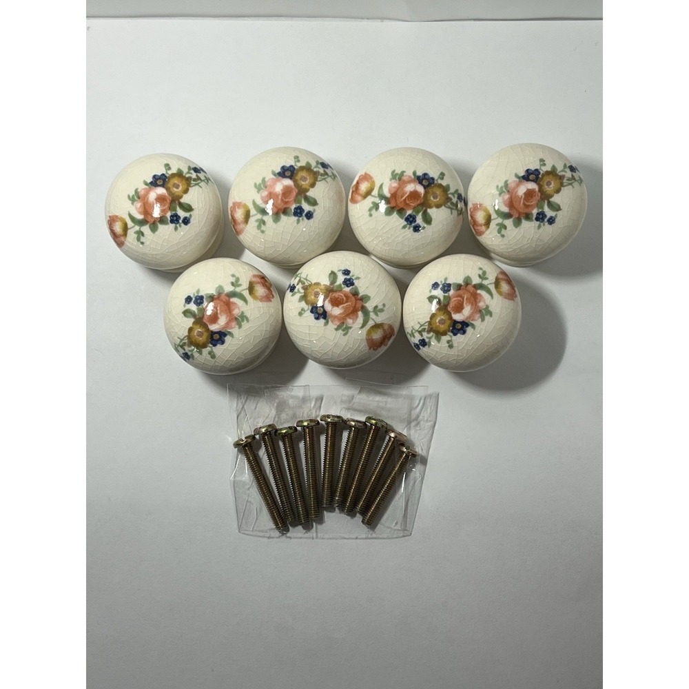 7 Cabinet Drawer Pull Knobs Porcelain Flowers Mushroom Style Crackle Finish